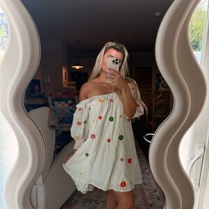 Cleobella White Off-Shoulder Dress with Floral Accents